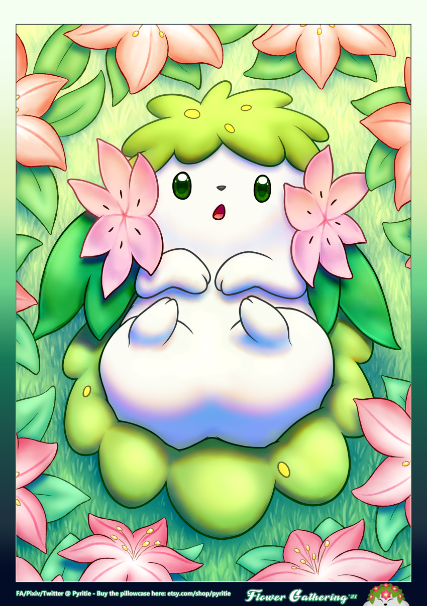 2021 absurd_res ambiguous_gender butt digital_media_(artwork) english_text feral flower gracidea_flower grass green_eyes hi_res kemono land_forme_shaymin leaf legendary_pok&eacute;mon looking_at_viewer lying nintendo nude on_back open_mouth outside plant pok&eacute;mon pok&eacute;mon_(species) pyritie shaymin solo text url video_games white_body