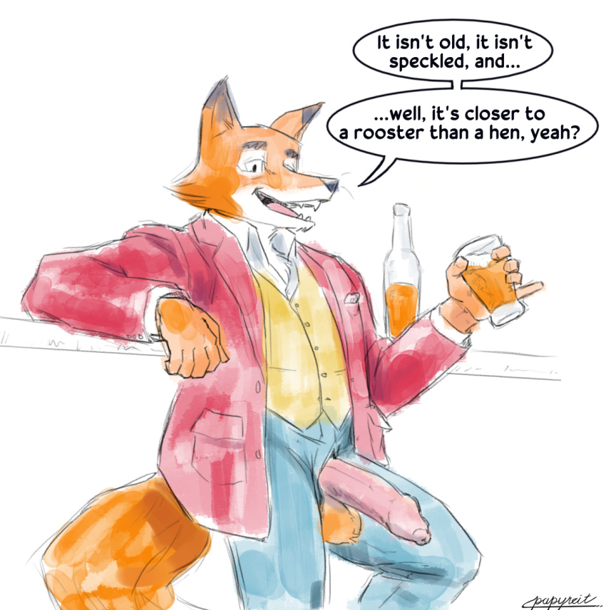 2021 alcohol anthro balls beer beverage canid canine english_text erection foreskin fox genitals henry_(old_speckled_hen) hi_res holding_glass holding_object humanoid_genitalia humanoid_penis male mammal old_speckled_hen papyreit penis penis_through_fly poking_out solo text uncut