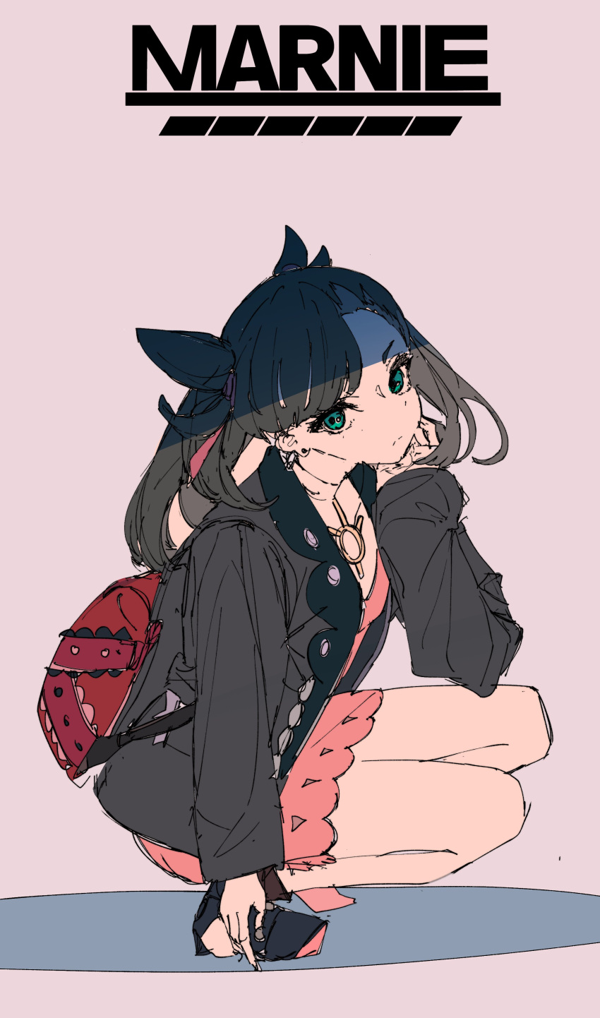 1girl absurdres aqua_eyes backpack bag black_hair black_jacket character_name cogecha dress earrings highres jacket jewelry long_hair long_sleeves looking_at_viewer marnie_(pokemon) necklace pink_background pink_dress pokemon pokemon_(game) pokemon_swsh red_bag solo squatting