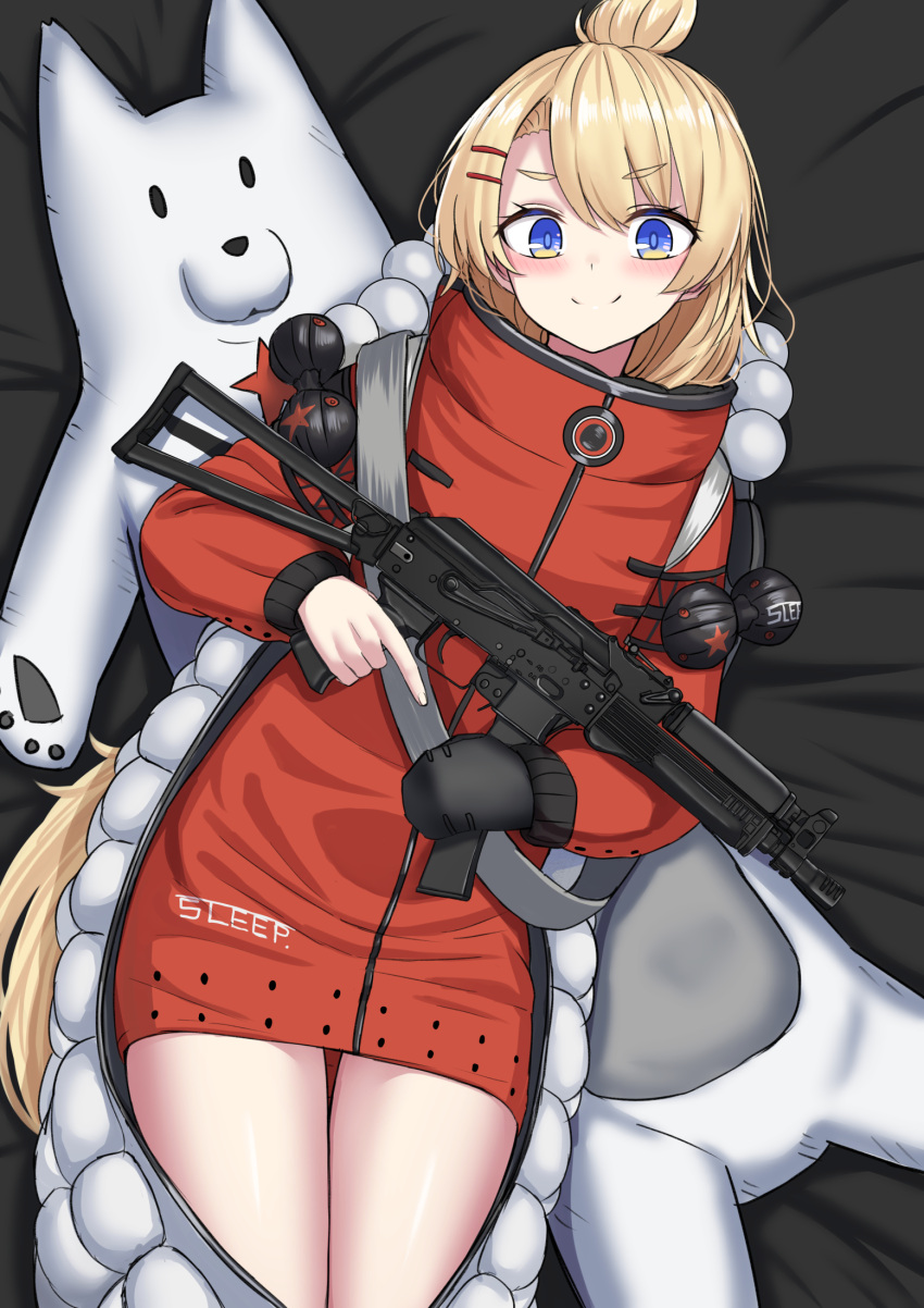 1girl bangs black_mittens blonde_hair commission eyebrows_visible_through_hair girls_frontline gun hair_ornament hairclip highres holding holding_gun holding_weapon long_hair long_sleeves looking_at_viewer mittens official_alternate_costume pp-19-01 pp-19-01_(girls_frontline) single_mitten skeb_commission sleeping_bag sleepwear smile solo stuffed_animal stuffed_toy submachine_gun weapon yakob_labo