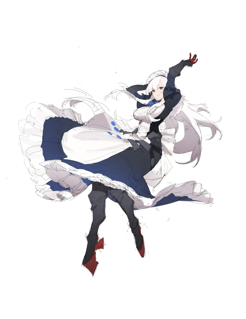 1girl absurdres apron armored_boots azur_lane belfast_(azur_lane) belfast_(serene_steel)_(azur_lane) blue_dress blue_eyes boots breasts dress eyebrows_visible_through_hair full_body gebijiade_89 hairband highres large_breasts long_hair maid_headdress official_alternate_costume official_art rudder_footwear simple_background sketch solo white_apron white_background white_hair white_hairband