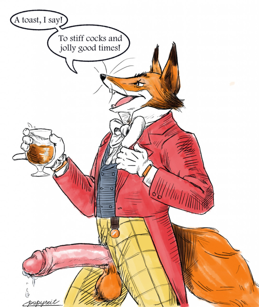 2021 alcohol anthro ball_tuft beer beverage big_penis bodily_fluids canid canine erection fox genital_fluids genitals glass henry_(old_speckled_hen) hi_res humanoid_genitalia humanoid_penis male mammal old_speckled_hen papyreit penis penis_through_fly poking_out precum retracted_foreskin simple_background smile solo tuft