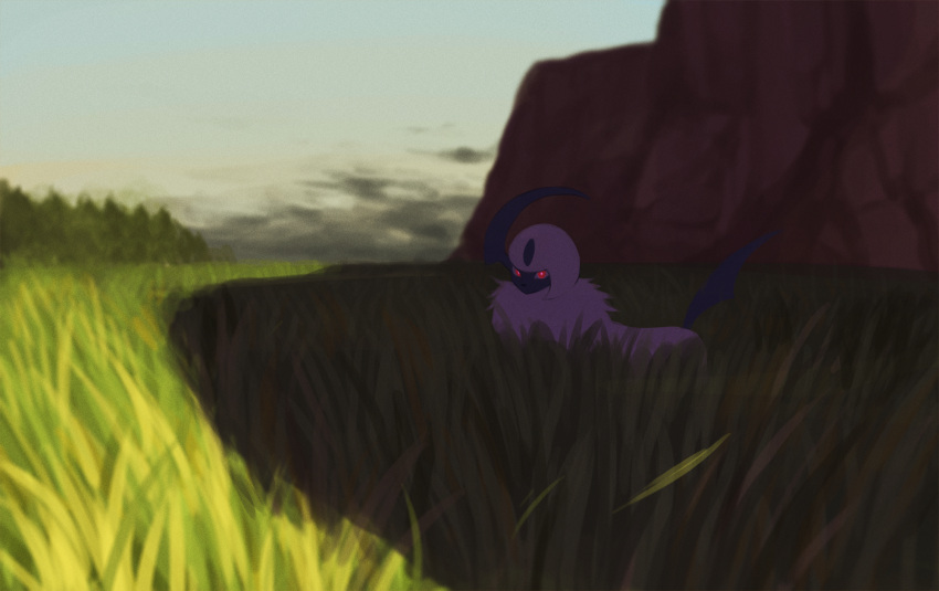 absol commentary_request day gen_3_pokemon glowing glowing_eyes grass highres looking_at_viewer no_humans one-hour_drawing_challenge outdoors pokemon pokemon_(creature) red_eyes rend shadow sky solo white_fur