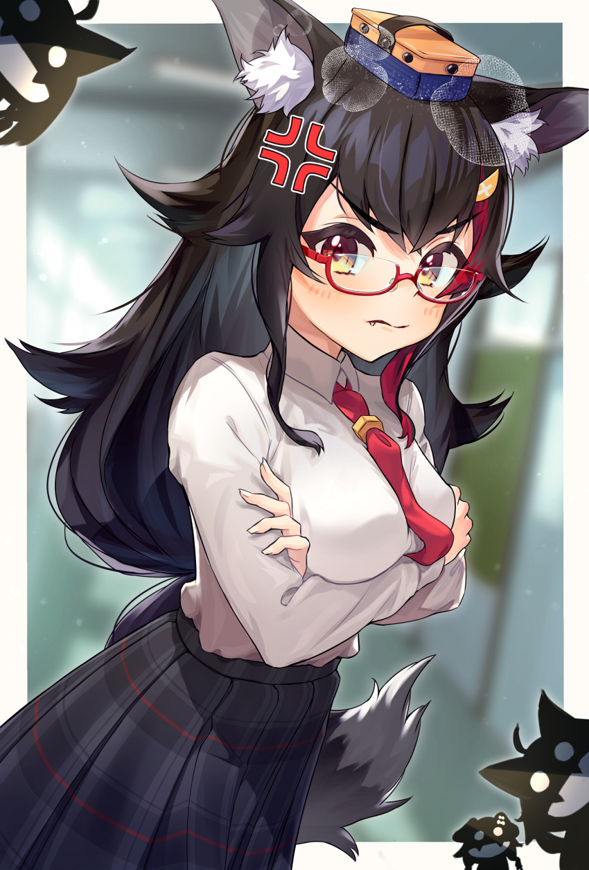 1girl anger_vein angry animal_ears bangs black_hair blush breasts fang fang_out flipped_hair glasses hair_between_eyes hair_ornament hairclip highlights highres hololive inugami_korone long_hair long_sleeves looking_at_viewer low-tied_long_hair multicolored_hair narita_tamezou necktie nekomata_okayu ookami_mio red-framed_eyewear red_hair shirakami_fubuki shirt sidelocks silhouette_demon skirt solo very_long_hair virtual_youtuber white_hair wolf_ears yellow_eyes