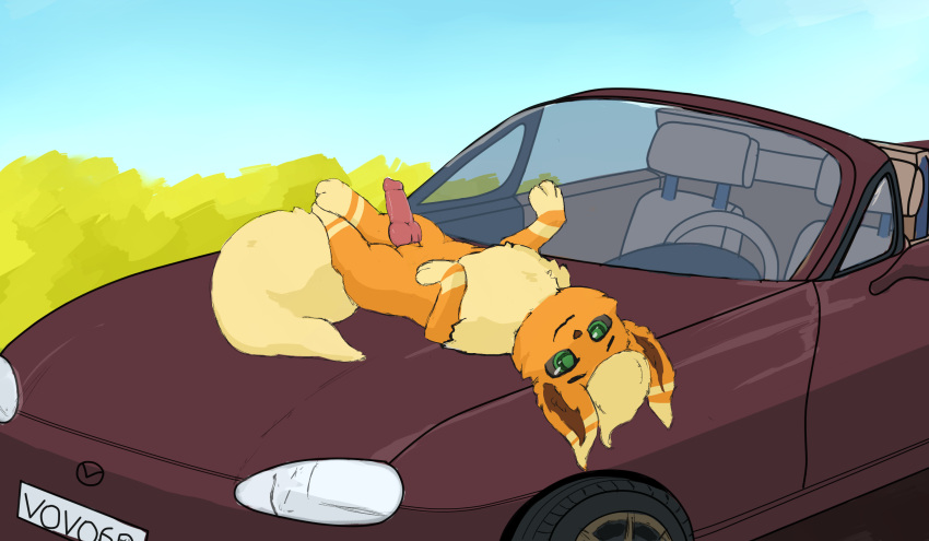 animal_genitalia animal_penis black_nose canine_penis car dipstick_ears eeveelution eyebrows feral flareon fluffy fluffy_tail fur genitals green_eyes hi_res knot looking_at_viewer lying male mazda mazda_mx-5 multicolored_ears nintendo nirsiera on_back orange_body orange_fur penis pok&eacute;mon pok&eacute;mon_(species) riding ringed_eyes smile solo steering_wheel vehicle video_games vovo yellow_paws