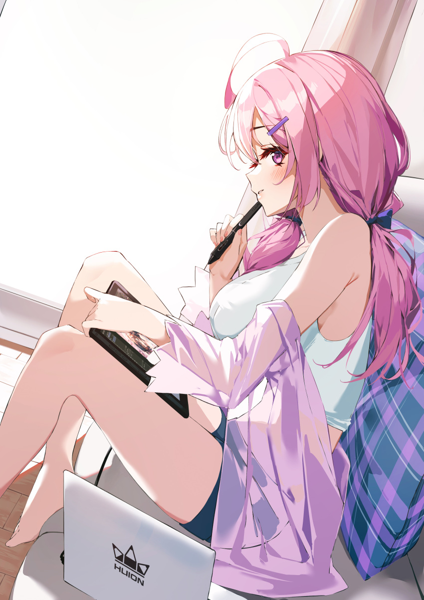 1girl absurdres ahoge armpit_crease bare_shoulders barefoot black_shorts breasts crop_top dutch_angle from_side hair_ornament hairclip hand_up highres holding huion jacket large_breasts long_hair looking_at_viewer looking_to_the_side low_twintails midriff munseonghwa off_shoulder open_clothes open_jacket original parted_lips pink_hair profile purple_eyes purple_jacket see-through see-through_silhouette shirt short_shorts shorts sitting sleeveless sleeveless_shirt solo stylus tablet_pc thighs twintails white_shirt
