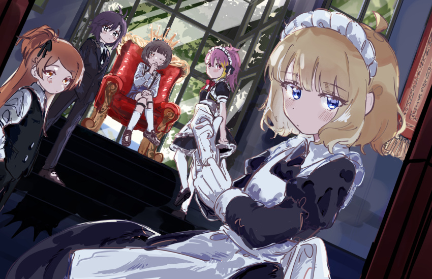 5girls ;) ahoge alternate_costume apron blush chair crossdressing crossed_legs dutch_angle enmaided expressionless hand_on_own_chin highres idolmaster idolmaster_million_live! idolmaster_million_live!_theater_days indoors kikuchi_makoto looking_at_viewer looking_to_the_side maid maid_headdress maihama_ayumu meeeeeeco359 multiple_girls nakatani_iku one_eye_closed one_side_up oogami_tamaki short_hair smile stairs standing suou_momoko throne tuxedo window