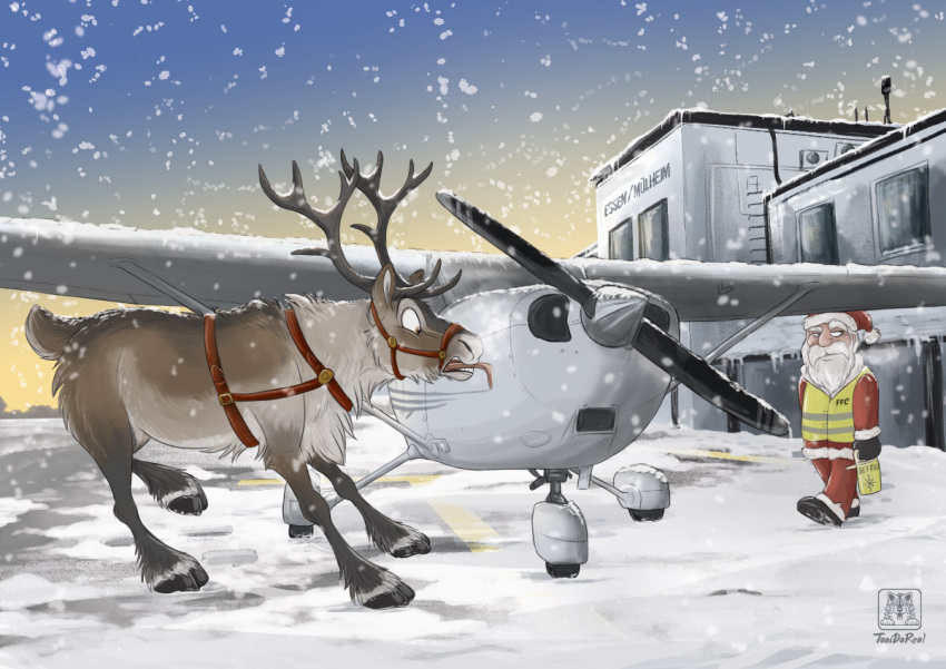 aircraft airplane capreoline cervid christmas conditional_dnp duo holidays human male mammal reindeer santa_claus snow tani_da_real