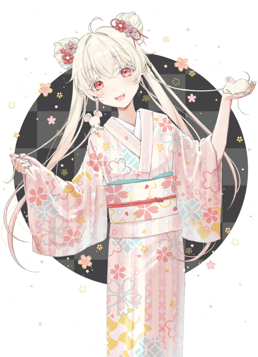 1girl ahoge animal azuki_(ckxs7444) chinese_zodiac double_bun floral_background floral_print flower furisode hair_bun hair_flower hair_ornament head_tilt highres holding holding_animal japanese_clothes kimono looking_at_viewer nail_polish obi open_mouth original platinum_blonde_hair rat sash smile solo twintails year_of_the_rat