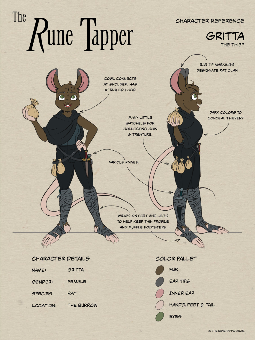 absurd_res anthro brown_body brown_fur clothed clothing digital_media_(artwork) female fur gritta_(tekandprieda) hi_res knife mammal money_bag murid murine rat rodent simple_background smile solo tekandprieda_(artist) the_rune_tapper