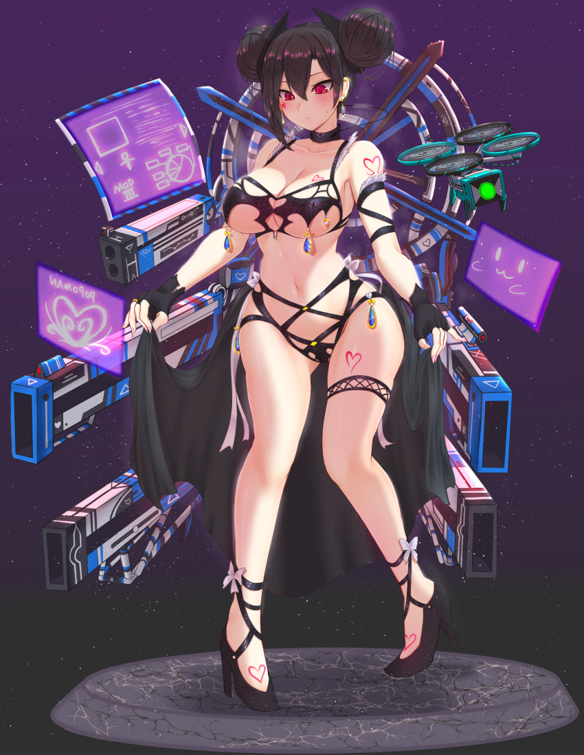 1girl :3 agent_(girls_frontline) arm_strap bangs bare_shoulders black_footwear black_gloves black_hair black_neckwear black_skirt blush breasts choker cleavage collarbone double_bun drone earrings eyebrows_visible_through_hair fingerless_gloves full_body girls_frontline gloves gun hair_between_eyes heart high_heels highres jewelry large_breasts looking_down navel pao_mian+dan purple_background red_eyes sangvis_ferri skirt skirt_hold solo standing thigh_strap thighs underboob weapon