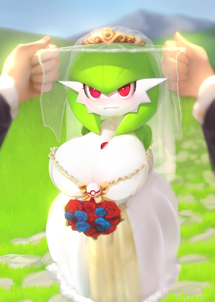absurd_res big_breasts blush bouquet breasts cleavage clothed clothing dress female first_person_view gardevoir hi_res huge_breasts human humanoid looking_at_viewer male mammal nintendo not_furry off_shoulder outside plantpenetrator pok&eacute;ball pok&eacute;mon pok&eacute;mon_(species) solo_focus veil video_games wedding_dress wedding_veil