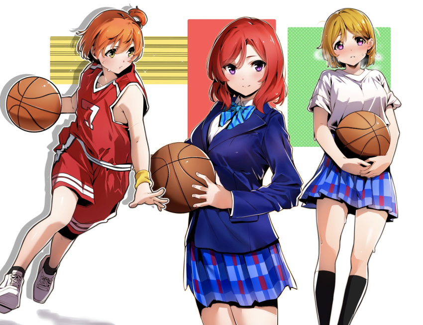 3girls ball basketball basketball_uniform blazer blue_neckwear blue_skirt bow bowtie brown_hair closed_mouth commentary_request highres holding holding_ball hoshizora_rin jacket kneehighs koizumi_hanayo long_sleeves looking_at_viewer love_live! love_live!_school_idol_project multiple_girls nakano_maru nishikino_maki orange_hair plaid plaid_skirt purple_eyes red_hair school_uniform shirt shoes short_hair short_sleeves side_ponytail skirt smile sportswear white_footwear white_shirt yellow_eyes