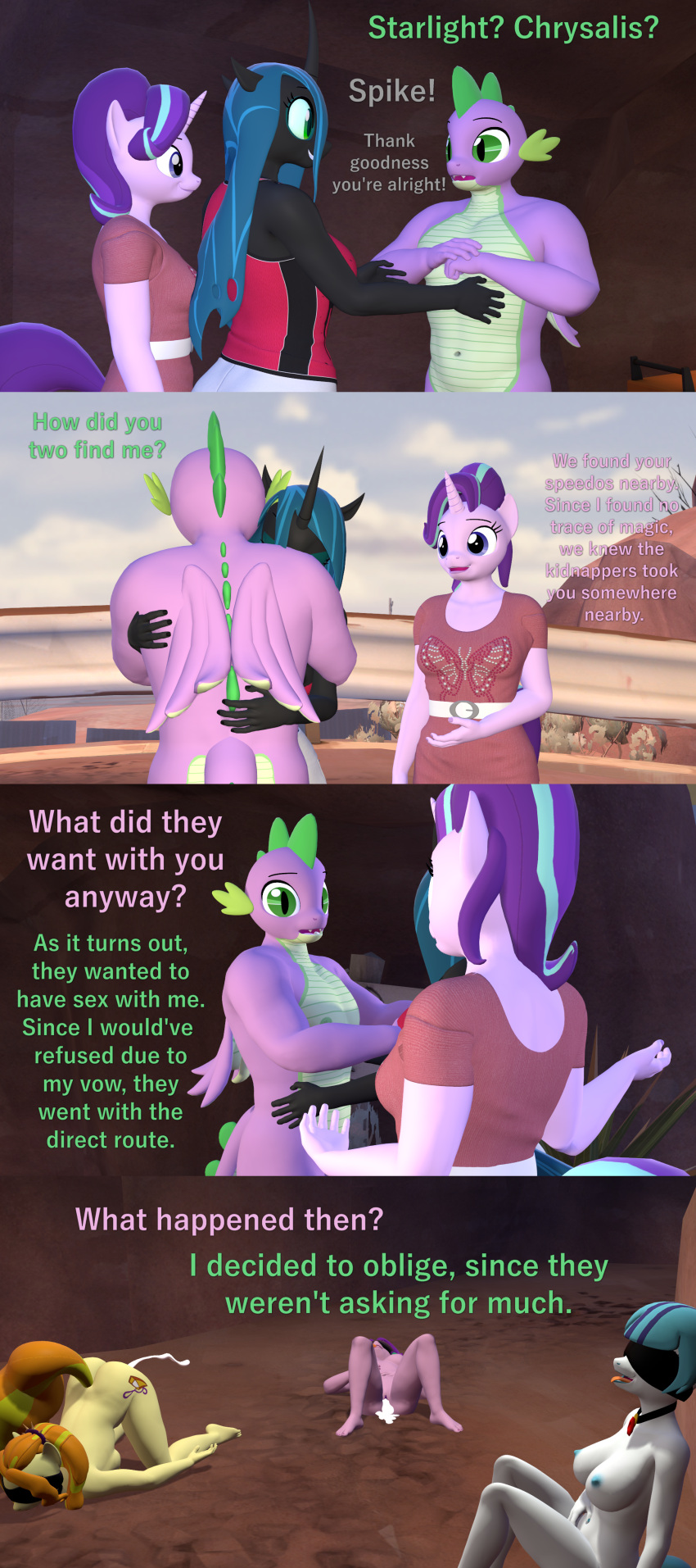 3d_(artwork) absurd_res adagio_dazzle_(eg) anthro anthrofied aria_blaze_(eg) arthropod ass_up bodily_fluids breasts changeling clothed clothing comic cum dialogue digital_media_(artwork) dragon equestria_girls equid equine female friendship_is_magic genital_fluids genitals hasbro hi_res horn male mammal my_little_pony nude outside papadragon69 pussy queen_chrysalis_(mlp) sonata_dusk_(eg) spike_(mlp) starlight_glimmer_(mlp) unicorn