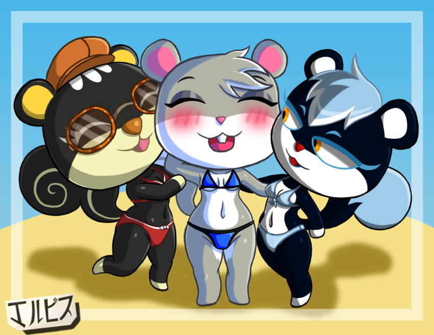 agent_s_(animal_crossing) animal_crossing anthro beach bikini black_body black_fur blaire_(animal_crossing) blush clothing eyewear female fur glasses grey_body grey_fur group hat headgear headwear hi_res jackintaro mammal nintendo orange_eyes rodent sand sciurid seaside swimwear tasha_(animal_crossing) video_games