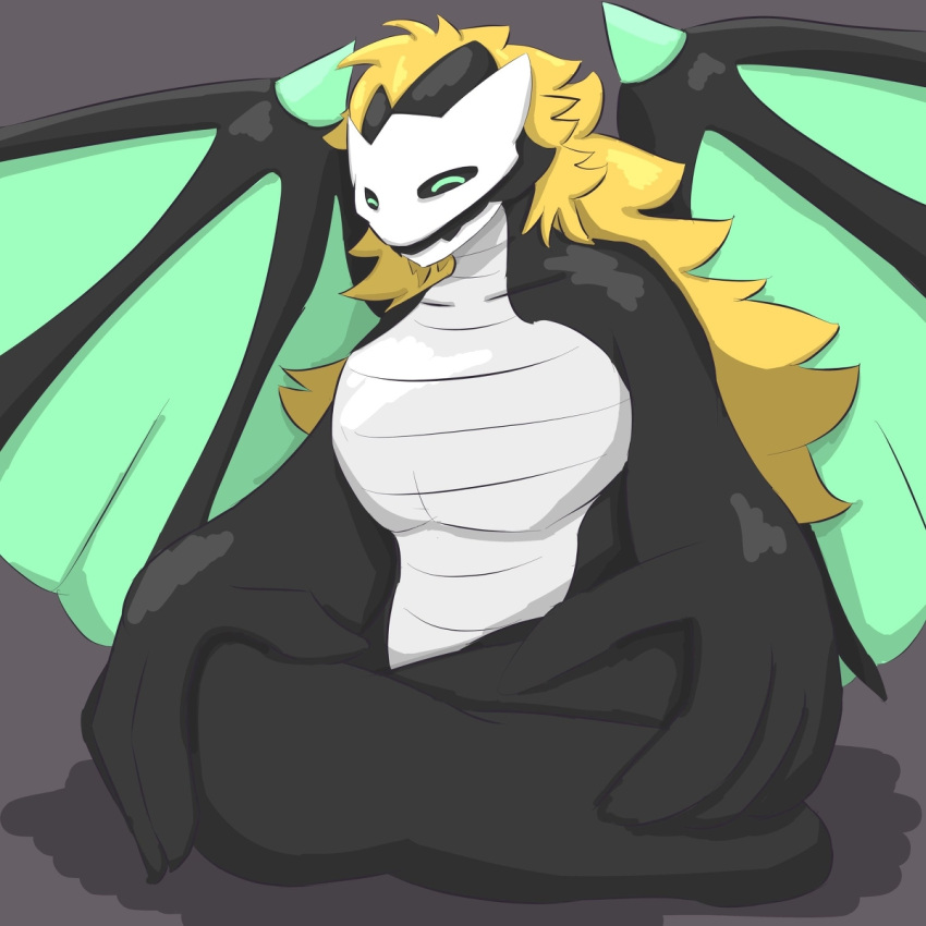 anthro big_hands black_body black_sclera blonde_hair changed_(video_game) dragon elder_dragon_(changed) green_body green_eyes hair hands_on_legs hi_res male mask multicolored_body muscular muscular_anthro muscular_male pecs simple_background sitting solo whip_collar white_body
