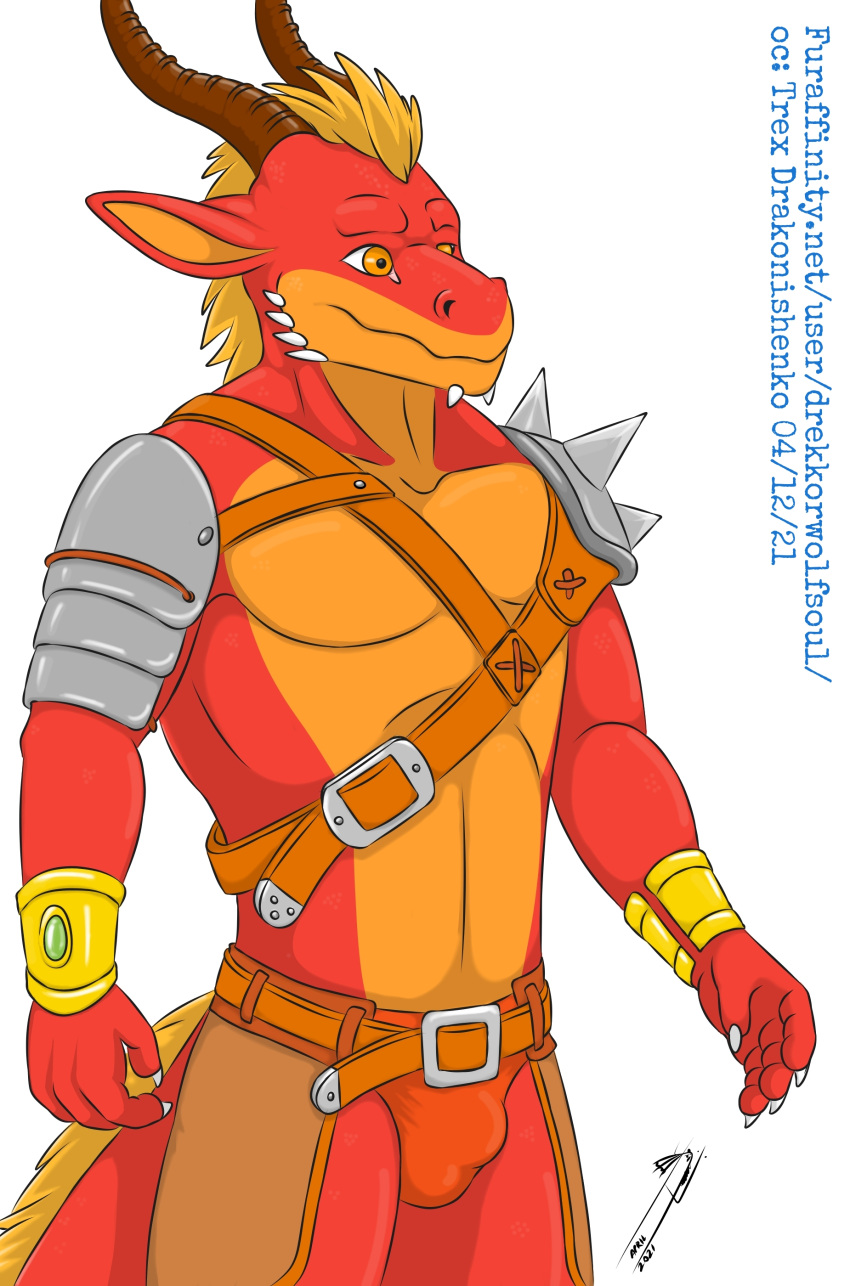 absurd_res anthro armor bulge clothing dragon drekkorwolfsoul hi_res male solo trex_drakonishenko