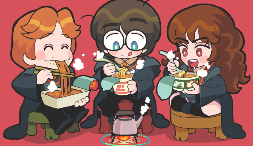 1girl 2boys aqua_eyes blush brown_eyes brown_hair chopsticks closed_eyes cup_ramen eating eyebrows_visible_through_hair food fork gashi-gashi glasses harry_james_potter harry_potter hermione_granger highres multiple_boys no_nose noodles open_mouth ron_weasley smile steam stool tongue tongue_out