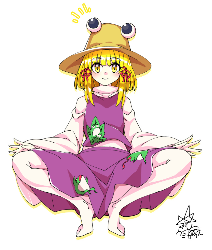 1girl animal_print bangs barefoot blonde_hair brown_headwear closed_mouth commentary eyebrows_visible_through_hair frog_print full_body highres long_sleeves looking_at_viewer moriya_suwako purple_skirt purple_vest shirt short_hair sidelocks signature simple_background skirt smile solo spread_legs squatting touhou turtleneck umigarasu_(kitsune1963) vest white_background white_shirt wide_sleeves yellow_eyes