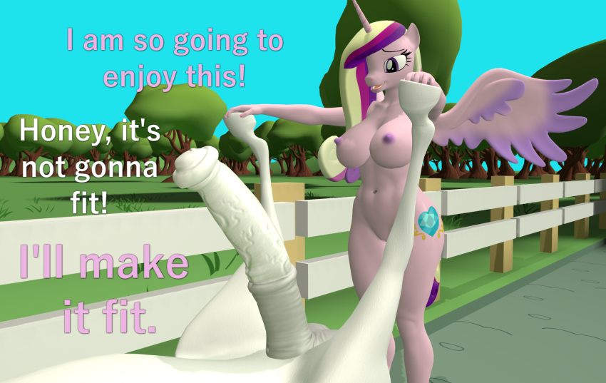 3d_(artwork) animal_genitalia animal_penis anthro anthrofied bestiality breasts dialogue digital_media_(artwork) equid equine equine_penis female feral friendship_is_magic genitals hasbro hi_res horn male male/female mammal my_little_pony nude papadragon69 penis princess_cadance_(mlp) shining_armor_(mlp) winged_unicorn wings