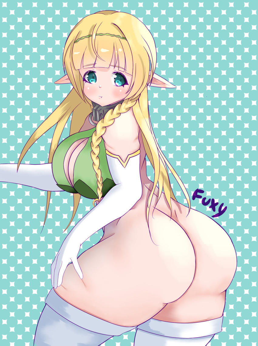 1girl absurdres ass blonde_hair blush breasts collar elf eyebrows_visible_through_hair fuxy gloves green_eyes hairband highres isekai_maou_to_shoukan_shoujo_no_dorei_majutsu large_breasts long_hair looking_at_viewer pointy_ears pout shera_l._greenwood solo thighhighs