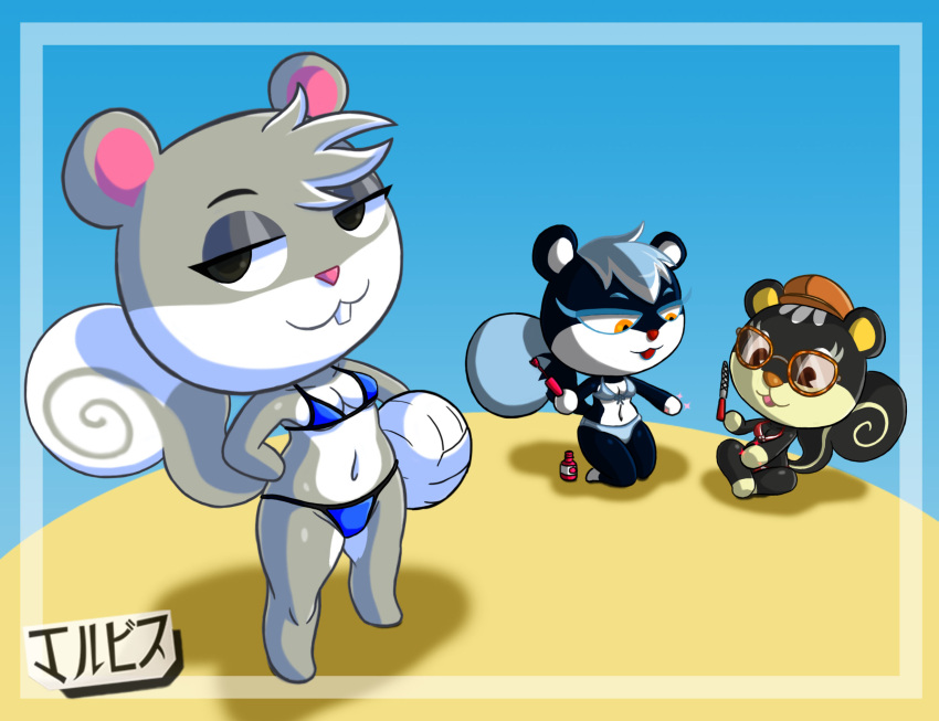 agent_s_(animal_crossing) animal_crossing anthro ball beach bikini black_body black_eyes black_fur blaire_(animal_crossing) clothing eyewear female fur glasses grey_body grey_fur group hat headgear headwear hi_res jackintaro mammal nintendo orange_eyes rodent sand sciurid seaside swimwear tasha_(animal_crossing) video_games volleyball_(ball)