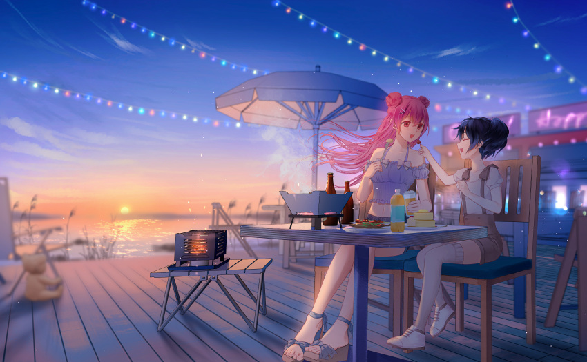 2girls absurdres closed_eyes couple dark_blue_hair double_bun drink food happy_sugar_life highres huge_filesize koube_shio long_hair matsuzaka_satou multiple_girls open_mouth pink_hair red_eyes sandals scenery smile twintails valentine yuri zararol