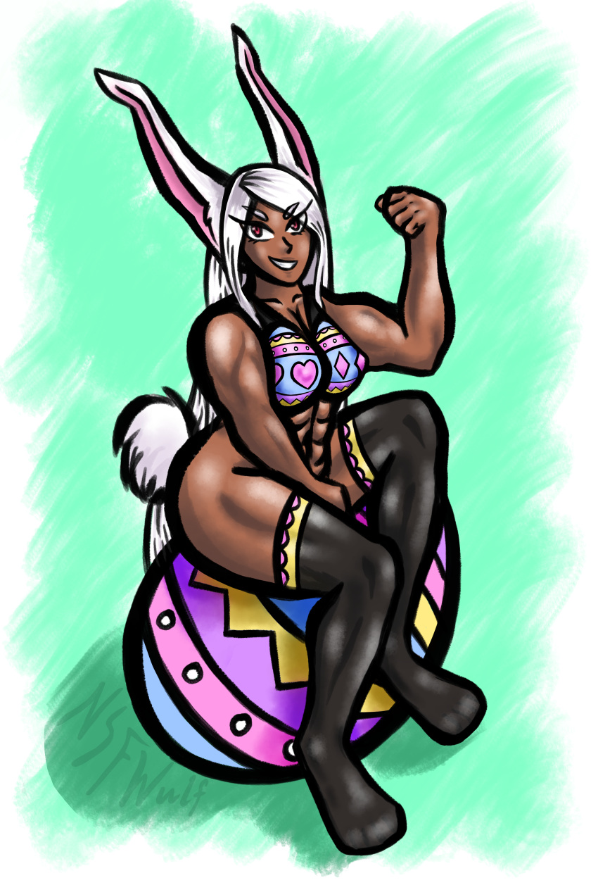 abs absurd_res animal_humanoid bikini bikini_top bottomless breasts cleavage clothed clothing dark_body dark_skin easter easter_bunny easter_egg female flexing grin hair hands_between_legs hi_res holidays humanoid lagomorph lagomorph_humanoid legwear lingerie long_hair looking_at_viewer mammal mammal_humanoid miruko muscular muscular_female muscular_humanoid my_hero_academia nsfwulf pastel red_eyes sitting smile solo stockings swimwear thick_thighs thigh_highs translucent translucent_clothing translucent_legwear translucent_stockings white_hair