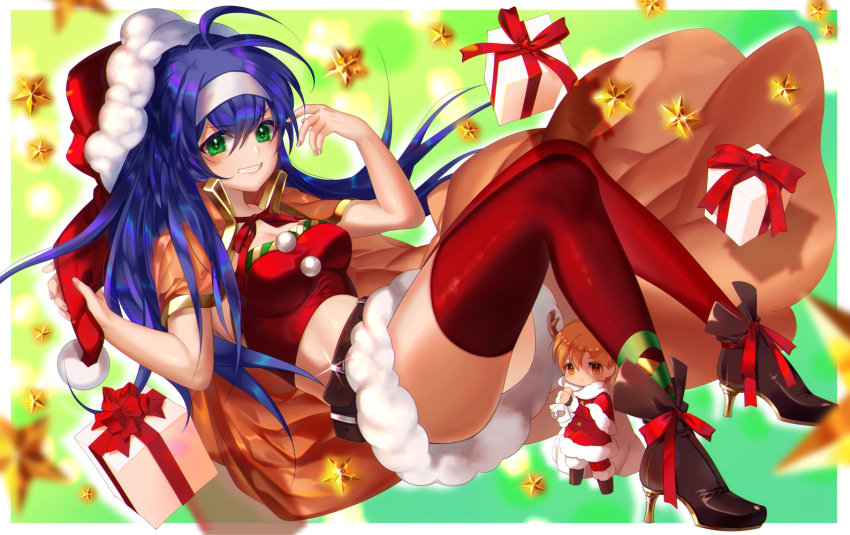 1girl ankle_ribbon bangs banned_artist black_footwear blue_hair blurry blurry_foreground border box breasts cape character_doll cleavage crop_top cyaca_ab eyebrows_visible_through_hair fire_emblem fire_emblem:_path_of_radiance floating_hair full_body fur-trimmed_headwear gift gift_box green_eyes hair_between_eyes hat headband high_heels long_hair medium_breasts mia_(fire_emblem) miniskirt orange_cape outside_border red_headwear red_legwear red_ribbon rhys_(fire_emblem) ribbon santa_costume santa_hat see-through shiny shiny_clothes shiny_hair shiny_legwear skirt solo thighhighs very_long_hair white_border white_headband white_skirt