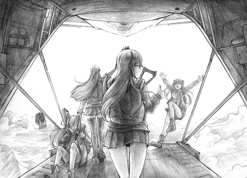 4girls absurdres aircraft airplane assault_rifle backpack bag cape closed_eyes commentary_request copycat001 g11_(girls_frontline) girls_frontline greyscale gun h&amp;k_g11 highres hk416_(girls_frontline) jacket leg_warmers long_hair miniskirt monochrome mountain multiple_girls outstretched_arms rifle skirt smile thumbs_up ump45_(girls_frontline) ump9_(girls_frontline) weapon