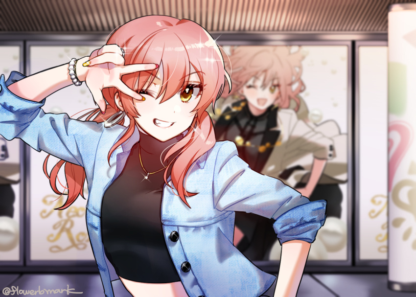 2girls ;d ad alternate_costume black_shirt blurry bracelet crop_top denim denim_jacket depth_of_field display_board earrings fang grin hana_shiori hoop_earrings idolmaster idolmaster_cinderella_girls jacket jewelry jougasaki_mika midriff multiple_girls nail_polish necklace one_eye_closed open_clothes open_jacket open_mouth outdoors pillar pink_hair ring shirt sleeves_rolled_up smile solo_focus sparkle twintails twitter_username upper_body v-shaped_eyebrows w w_over_eye yellow_eyes