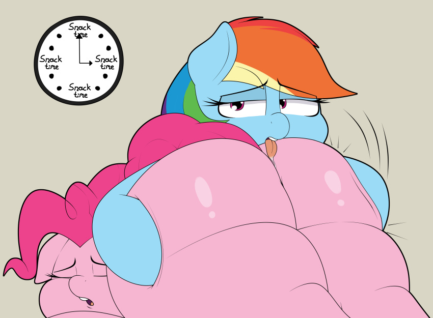 absurd_res airsicksubset big_butt blue_body bodily_fluids butt clock duo equid equine eyes_closed female female/female feral friendship_is_magic hair hasbro hi_res horse huge_butt huge_thighs imminent_anal imminent_sex mammal my_little_pony obese open_mouth overweight pink_body pink_hair pinkie_pie_(mlp) pony rainbow_dash_(mlp) saliva thick_thighs