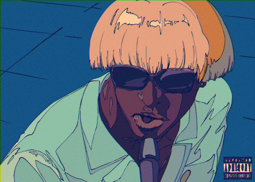 1boy absurdres aqua_jacket bangs blonde_hair bowl_cut cogecha dark_skin dark_skinned_male flat_color highres jacket ligne_claire real_life sailor_moon_redraw_challenge shadow short_hair solo suit_jacket sunglasses tyler_the_creator