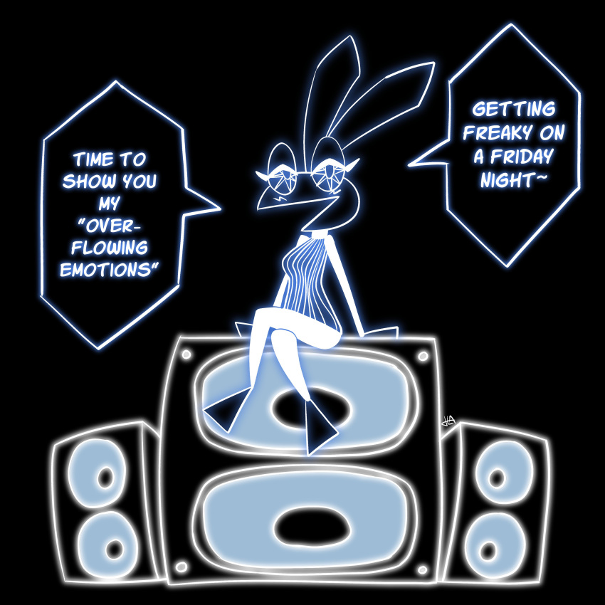 absurd_res anthro black_background blush clothed clothing dialogue digital_media_(artwork) dress english_text female harry_amor&oacute;s hi_res lagomorph leporid looking_at_viewer mammal monochrome open_mouth polygons rabbit simple_background solo speaker speech_bubble text vib-ribbon vibri video_games