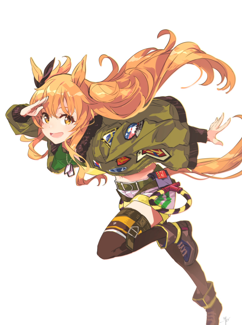 1girl animal_ears black_ribbon bomber_jacket boots commentary crop_top dog_tags ear_ribbon green_belt green_jacket highres horse_ears horse_girl horse_tail jacket long_hair long_sleeves looking_at_viewer mayano_top_gun_(umamusume) open_clothes open_jacket open_mouth orange_hair patches ribbon running shorts solo tail thighhighs two_side_up umamusume white_background white_shorts yellow_eyes yoshito