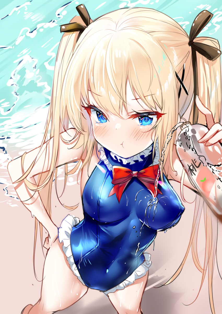 1girl :t absurdres azur_lane bare_arms bare_shoulders beach blonde_hair blue_eyes blue_swimsuit bottle breasts covered_nipples dead_or_alive dead_or_alive_5 frills from_above frown hair_ribbon hand_on_hip hecha_(01964237) highres holding impossible_clothes impossible_swimsuit long_hair looking_at_viewer marie_rose marie_rose_(devilish_servant_against_the_splashing_waves) medium_breasts one-piece_swimsuit pouring_onto_self pout ribbon solo standing swimsuit thighs twintails v-shaped_eyebrows very_long_hair water wet