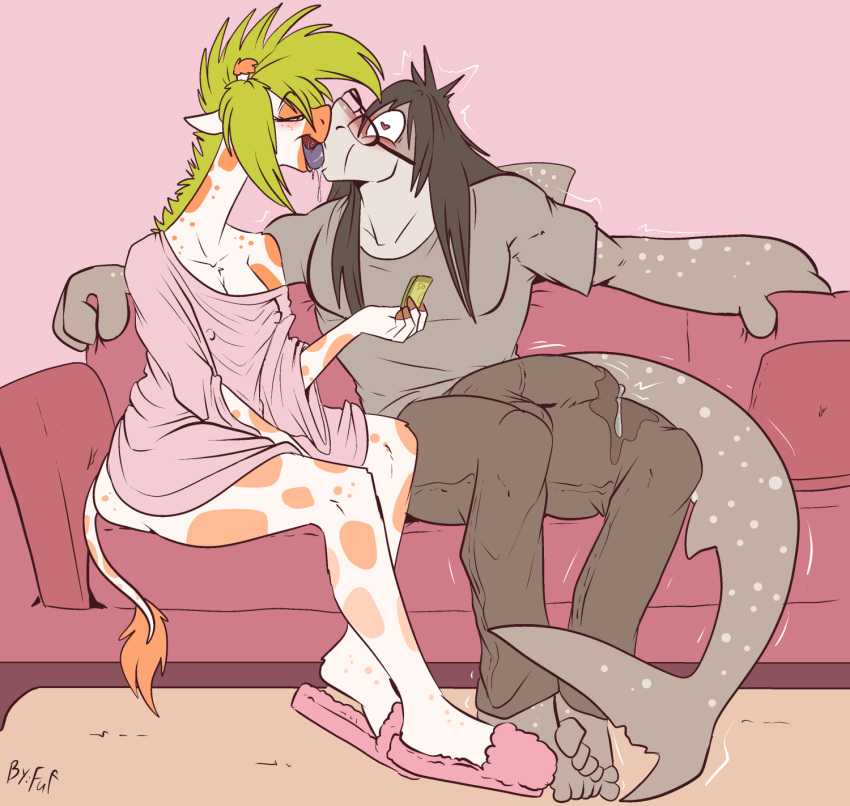 &lt;3 &lt;3_eyes anthro barefoot blonde_hair blush bodily_fluids breasts brown_body brown_hair bulge butt carpet_shark clothed clothing cum cum_in_pants duo extreme_french_kiss eyes_closed feet female fish french_kissing fuf furniture genital_fluids giraffe giraffid hair hi_res irelynd_(rileyrivers) kissing long_tongue male male/female mammal marine money nipple_outline off_shoulder shark sofa story story_in_description toby_(rileyrivers) tongue wet wet_clothing whale_shark white_body