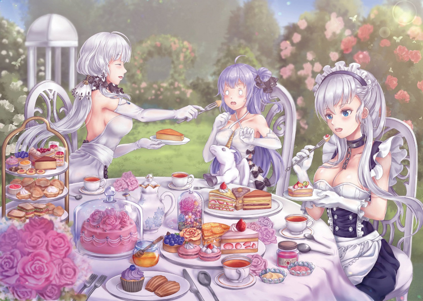 3girls apron azur_lane backless_dress backless_outfit bare_shoulders belfast_(azur_lane) black_ribbon blue_eyes blueberry breasts broken broken_chain buttons cake cake_slice candy chain checkerboard_cookie cherry cleavage closed_eyes cookie cream criss-cross_halter cup cupcake dessert double-breasted dress eclipse007007 elbow_gloves flower food fork frilled_apron frilled_dress frills fruit garden gloves hair_ribbon halterneck holding holding_fork holding_plate honey illustrious_(azur_lane) large_breasts long_hair macaron maid_headdress multiple_girls open_mouth outdoors pastry pastry_box pink_flower pink_rose plate pudding purple_dress purple_hair red_flower red_rose ribbon rose round_table sitting sleeveless sleeveless_dress strapless strapless_dress strawberry sweets tea tea_party teacup teapot tiered_tray tri_tails unicorn unicorn_(azur_lane) waist_apron white_apron white_dress white_gloves white_hair white_headdress