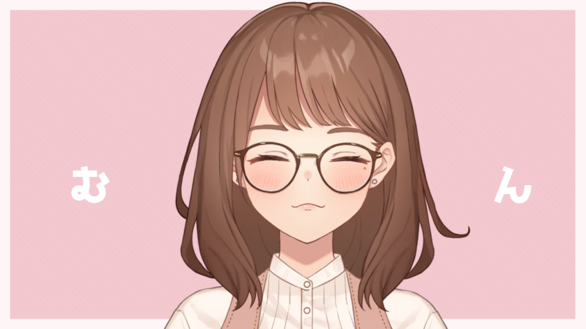 1girl bangs black-framed_eyewear brown_hair character_request closed_eyes closed_mouth earrings eyebrows_behind_hair facing_viewer glasses grey_background highres indie_virtual_youtuber jewelry kurono_kito long_hair pink_background portrait shirt solo stud_earrings two-tone_background virtual_youtuber white_shirt