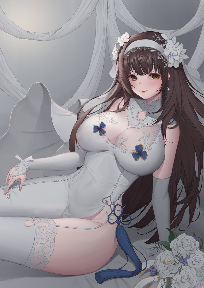 1girl baeg_mi black_hair breasts bridal_gauntlets bridal_veil brown_eyes dress elbow_gloves garter_straps girls_frontline gloves hairband highres large_breasts long_hair qbz-95_(girls_frontline) solo thighhighs veil wedding_dress white_dress white_gloves white_hairband white_legwear