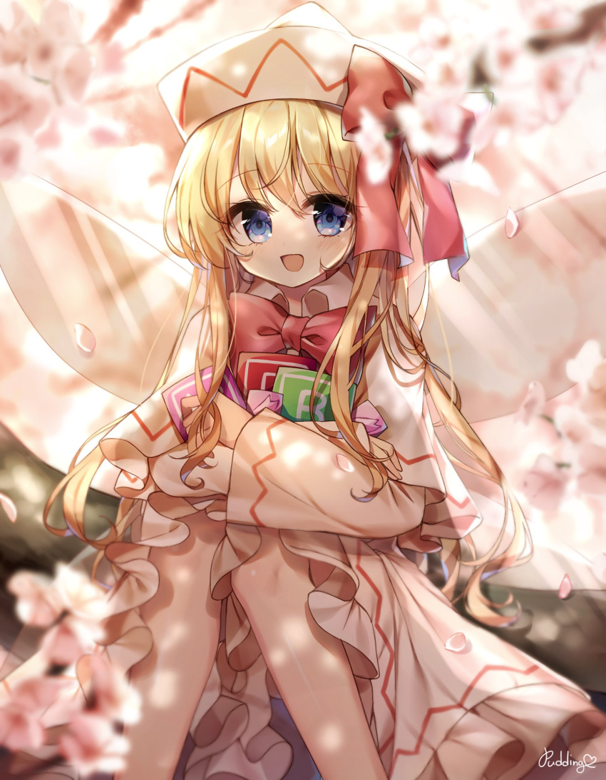 1girl absurdres artist_name blonde_hair blue_eyes blurry blurry_background blurry_foreground bow bowtie capelet cherry_blossoms commentary depth_of_field dress eyebrows_visible_through_hair fairy_wings flower frilled_capelet frilled_dress frilled_sleeves frills hat highres holding light_rays lily_white long_hair long_sleeves looking_at_viewer open_mouth outdoors petals power-up pudding_(skymint_028) red_bow red_neckwear signature smile solo sunlight touhou white_dress white_headwear wide_sleeves wings