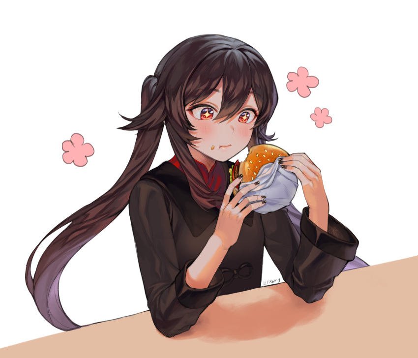 1girl absurdres black_nails blush brown_hair chinese_clothes eating food food_on_face genshin_impact hair_between_eyes hamburger highres holding holding_food hu_tao lilithmy long_hair long_sleeves nail_polish red_eyes simple_background sparkling_eyes symbol-shaped_pupils twintails white_background