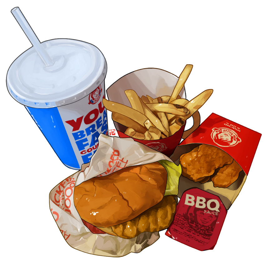 bread bread_bun cup disposable_cup drink food food_focus french_fries hamburger lettuce meat no_humans original realistic sauce simple_background still_life studiolg vegetable wendy's wendy_(wendy's) white_background wrapper