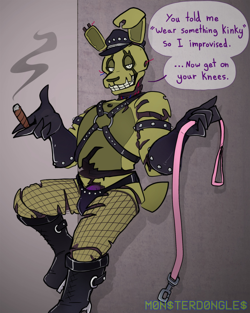 ... 2021 animatronic anthro bdsm_gear bedroom_eyes boots bulge cigar cigar_smoke clothing dialogue endoskeleton english_text exposed_endoskeleton fishnet fishnet_legwear five_nights_at_freddy's five_nights_at_freddy's_3 flaccid footwear genitals gloves green_body green_nose green_tail grey_background half-closed_eyes handwear harness hat headgear headwear hi_res lagomorph leaning_on_wall leash leather leather_boots leather_clothing leather_footwear leather_gloves leather_handwear leather_hat leather_jockstrap leather_straps leather_underwear legwear leporid long_ears looking_at_viewer machine male mammal monsterdongles mostly_nude multicolored_body narrowed_eyes notched_ear penis rabbit robot seductive short_tail simple_background smile smoke solo speech_bubble springtrap_(fnaf) standing straps talking_to_viewer teeth text torn_arm torn_body torn_face torn_leg two_tone_body underwear video_games wire