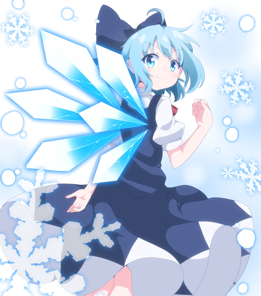 1girl absurdres ahoge arm_behind_back blue_bow blue_dress blue_eyes blue_hair bow cirno commentary_request do_(4-rt) dress eyebrows_visible_through_hair from_behind hair_bow highres ice ice_wings looking_at_viewer looking_back pinafore_dress puffy_short_sleeves puffy_sleeves short_hair short_sleeves simple_background smile snowflakes solo touhou wings