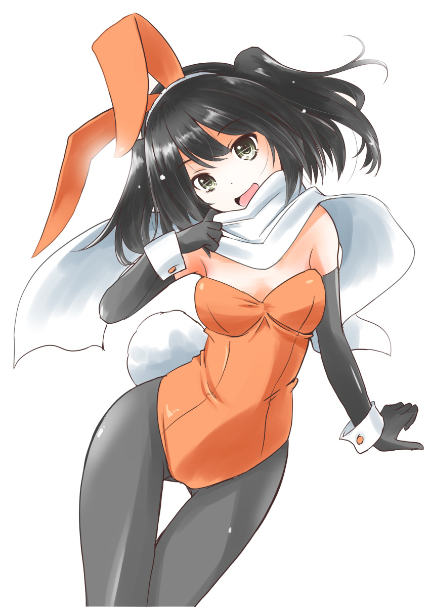 1girl absurdres animal_ears ass_visible_through_thighs black_gloves black_hair black_legwear bunny_ears bunny_tail commentary_request cowboy_shot elbow_gloves fake_animal_ears gloves highres kantai_collection leotard looking_at_viewer orange_leotard pantyhose playboy_bunny scarf sendai_(kancolle) simple_background solo strapless strapless_leotard tail taisinkoku two_side_up white_background white_scarf wrist_cuffs