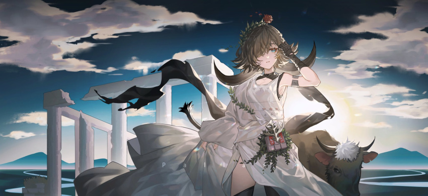 1girl animal_ears arknights arm_wrap black_gloves black_legwear blue_eyes blue_sky brown_hair cloud cloudy_sky cow cow_ears cow_girl cow_horns cow_tail cowboy_shot dress fingerless_gloves flower flower_on_head gloves greek_clothes groin hair_over_one_eye hand_up highres horns laurel_crown looking_to_the_side official_alternate_costume outdoors pallas_(arknights) pallas_(heritage)_(arknights) parted_lips red_flower red_rose rose ruins short_hair sky solo tail thighhighs white_dress yu_shu_black_joker