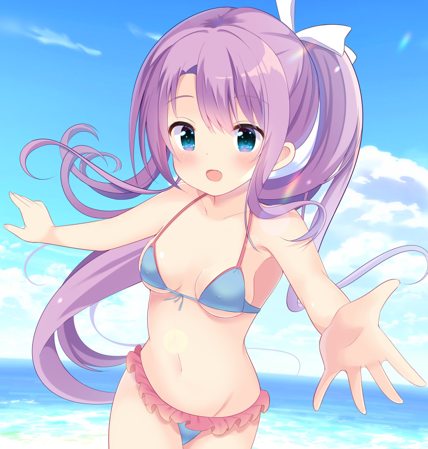 1girl absurdres bikini blue_bikini blue_eyes blush breasts cloud eyebrows_visible_through_hair fang frilled_bikini frills hair_between_eyes hair_ribbon highres long_hair navel ocean open_mouth ponytail purple_hair re:stage! reaching_out ribbon rst_hoshinono sky small_breasts solo standing swimsuit swimwear tsukisaka_sayu water