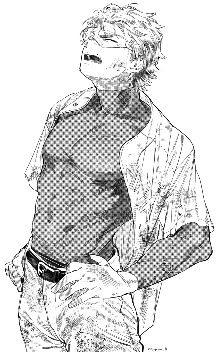 1boy absurdres ace_of_diamond baseball_jersey belt closed_eyes covered_abs covered_navel covered_nipples dirty dirty_clothes dirty_face greyscale hands_on_hips highres male_focus miyuki_kazuya monochrome open_clothes open_mouth pants polypumb_fr shirt short_hair sideburns solo sweat taut_clothes taut_shirt toned toned_male visor