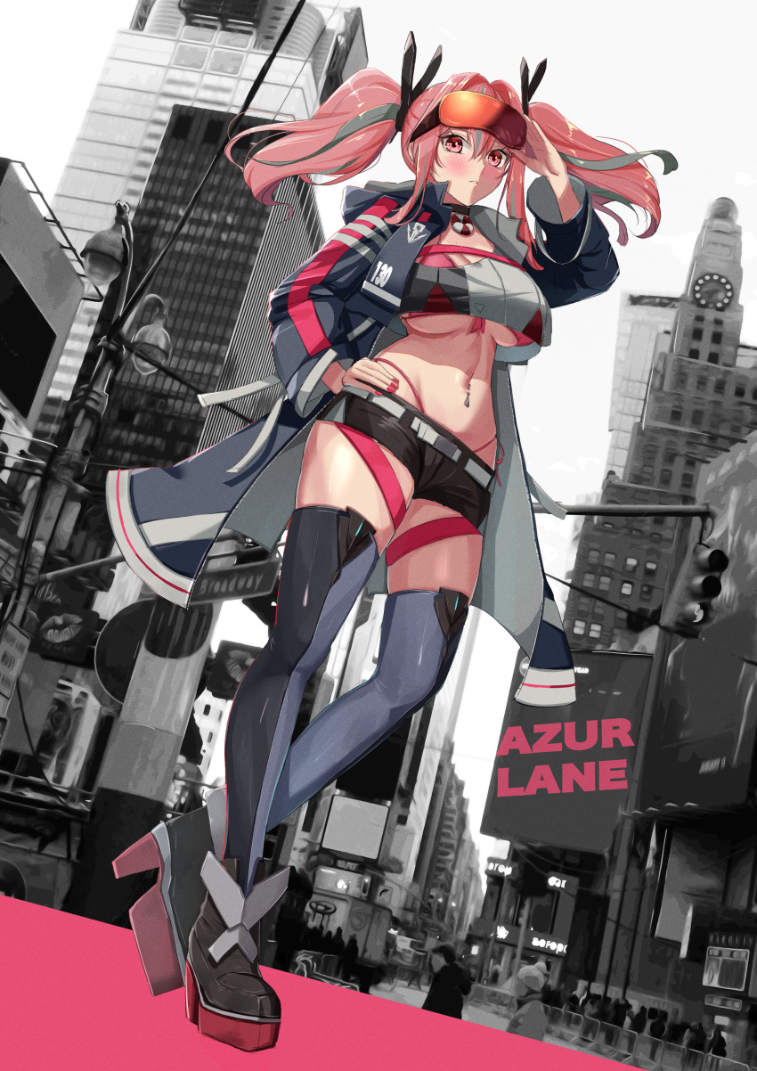 1girl :&lt; absurdres adjusting_eyewear azur_lane bangs belt bikini bikini_under_clothes black_choker black_footwear black_legwear black_shorts blue_jacket blush breasts bremerton_(azur_lane) building choker city cleavage closed_mouth commentary copyright_name crop_top crop_top_overhang crossed_legs cutoffs dutch_angle eyebrows_visible_through_hair eyewear_on_head floating_hair front-tie_bikini front-tie_top full_body grey_belt grey_hair grey_legwear groin hair_between_eyes hair_intakes hair_ornament hand_on_hip hand_up highleg highleg_bikini highres hood hood_down hooded_jacket huge_filesize jacket large_breasts lifebuoy_ornament long_hair long_sleeves looking_at_viewer marumai midriff mole mole_on_breast multicolored_hair nail_polish navel navel_piercing number open_clothes open_jacket photo_background piercing pink_background pink_bikini pink_eyes pink_hair pink_nails red-tinted_eyewear road rudder_footwear shirt short_shorts shorts side-tie_bikini sidelocks skindentation skyscraper snap-fit_buckle solo_focus standing streaked_hair street sunglasses swimsuit thigh_strap tinted_eyewear twintails two-tone_hair two-tone_legwear two-tone_shirt underboob watson_cross